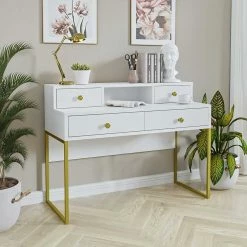 Ausgefallener Schreibtisch In Weiß & Gold - Pamina