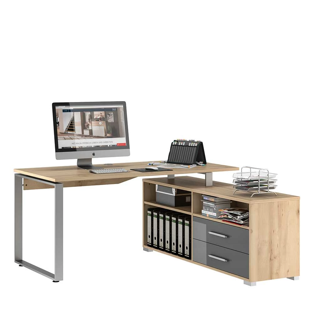 Bürotisch Mit Seitenregal In Buche & Grau HG - Florino
