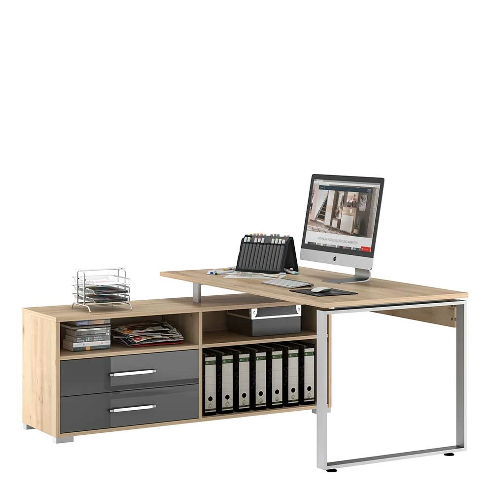 Bürotisch Mit Seitenregal In Buche & Grau HG - Florino – Bild 3